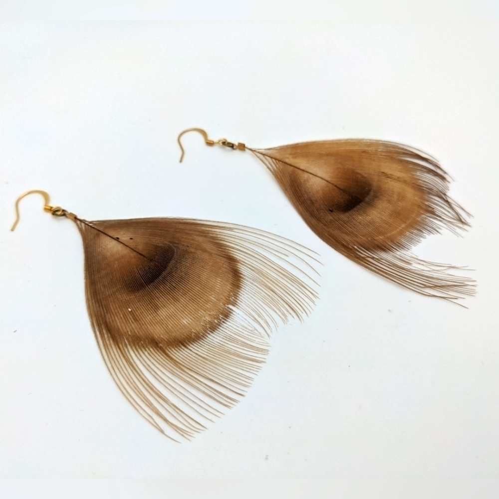 Natural Blonde Peacock Feather Statement Earrings